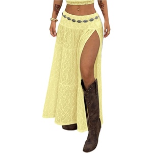 image:imageRoseSeek Womens Western Boho Lace Maxi Skirt Low Rise High Slit Flowy Country Cowgirl Skirts Trendy OutfitsLight Yellow