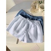 image:imageRoseSeek Womens 2 Packs Striped Linen Mini Shorts Drawstring Waist Button Front Lounge ShortsDusty Blue and White