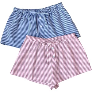 image:imageRoseSeek Womens 2 Packs Striped Linen Mini Shorts Drawstring Waist Button Front Lounge ShortsBlue and Pink