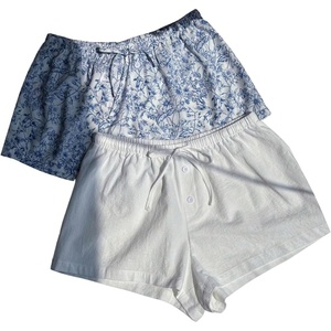 image:imageRoseSeek Womens 2 Packs Striped Linen Mini Shorts Drawstring Waist Button Front Lounge ShortsBlue and White