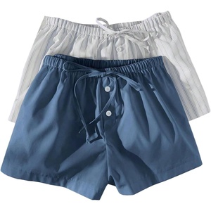 image:imageRoseSeek Womens 2 Packs Striped Linen Mini Shorts Drawstring Waist Button Front Lounge ShortsDusty Blue and White