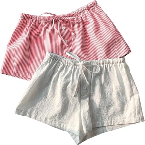 image:imageRoseSeek Womens 2 Packs Striped Linen Mini Shorts Drawstring Waist Button Front Lounge ShortsRed and White