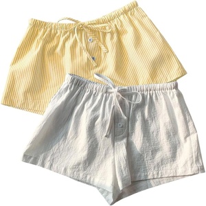 image:imageRoseSeek Womens 2 Packs Striped Linen Mini Shorts Drawstring Waist Button Front Lounge ShortsYellow and White