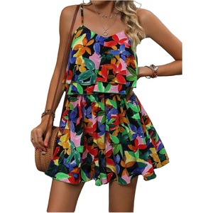image:imageRoseSeek Womens Boho Wide Leg Short Romper Spaghetti Strap Layered Ruffle Vacation Summer JumpsuitBlack
