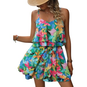 image:imageRoseSeek Womens Boho Wide Leg Short Romper Spaghetti Strap Layered Ruffle Vacation Summer JumpsuitGreen
