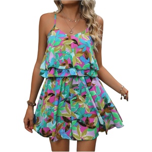 image:imageRoseSeek Womens Boho Wide Leg Short Romper Spaghetti Strap Layered Ruffle Vacation Summer JumpsuitHot Pink