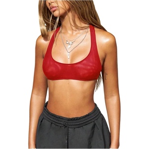 image:imageRoseSeek Womens Sleeveless Mesh Sheer Crop Tank Athletic Bandeau Bras See Through Racerback ShirtRed