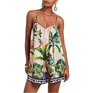 image:imageRoseSeek Womens Summer Tropical Rompers Sleeveless V Neck Wide Leg Vacation Short JumpsuitsGreen