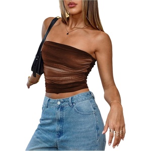 image:imageRoseSeek Womens Tie Dye Ruched Strapless Tube Top Sleeveless Fitted Elegant Crop Tops Going Out BandeauCoffee Brown