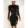 image:imageRoseSeek Womens Contrast Lace Bodycon Dress Long Sleeve High Slit Party Date Night Short DressesBlack