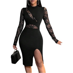image:imageRoseSeek Womens Contrast Lace Bodycon Dress Long Sleeve High Slit Party Date Night Short DressesBlack